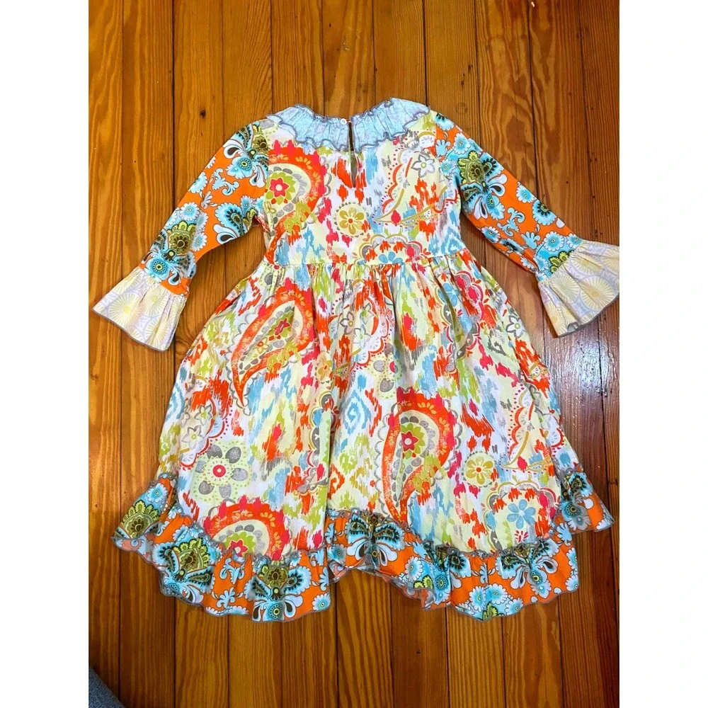 Sage & Lilly Girls Orange Paisley Floral Ruffle Boutique Dress Long Sleeve Sz 5
